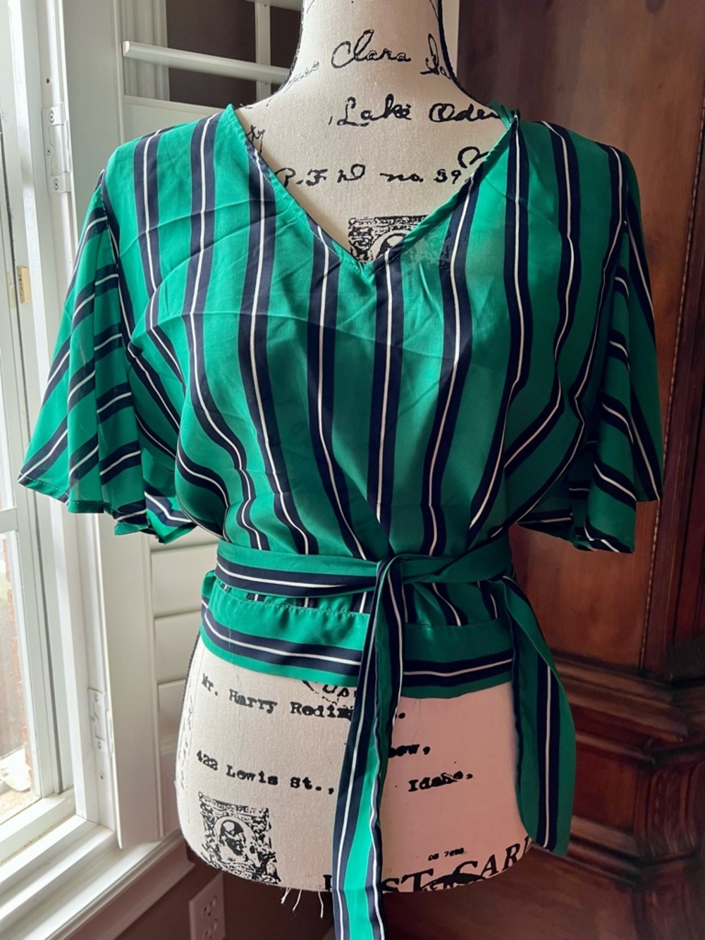 Striped Green V-Neck Tie-Waist Women's Top